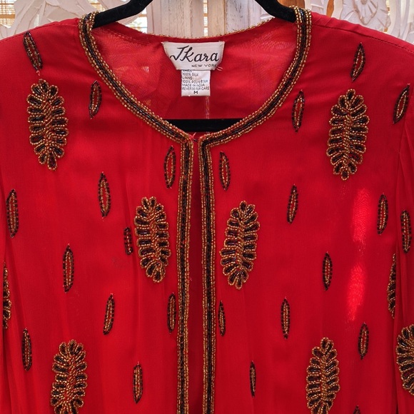 Glamorous red silk  embellished Silk women’s vintage jacket-Medium - Picture 8 of 16